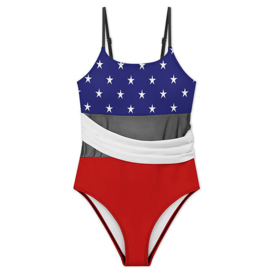 USA/American Flag Inspired Style-2 Women's Square Neck Mesh Spliced One Piece Swimsuit