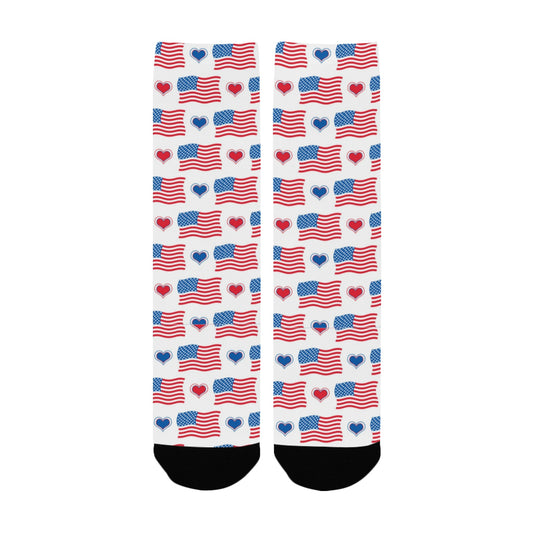 USA/American Flag Inspired Flags and Hearts Pattern Women’s Custom Socks Made in the USA