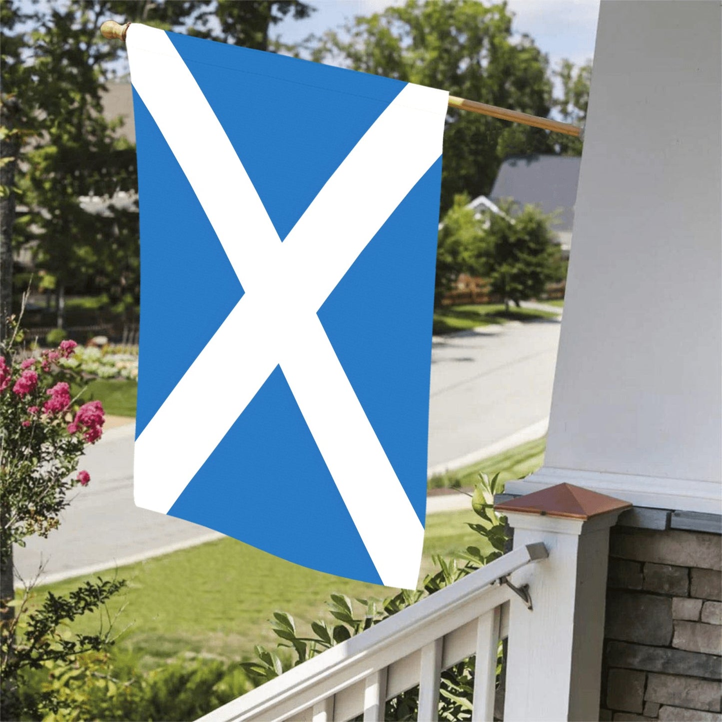 Luv My Flag blue flag with white cross displayed outside.