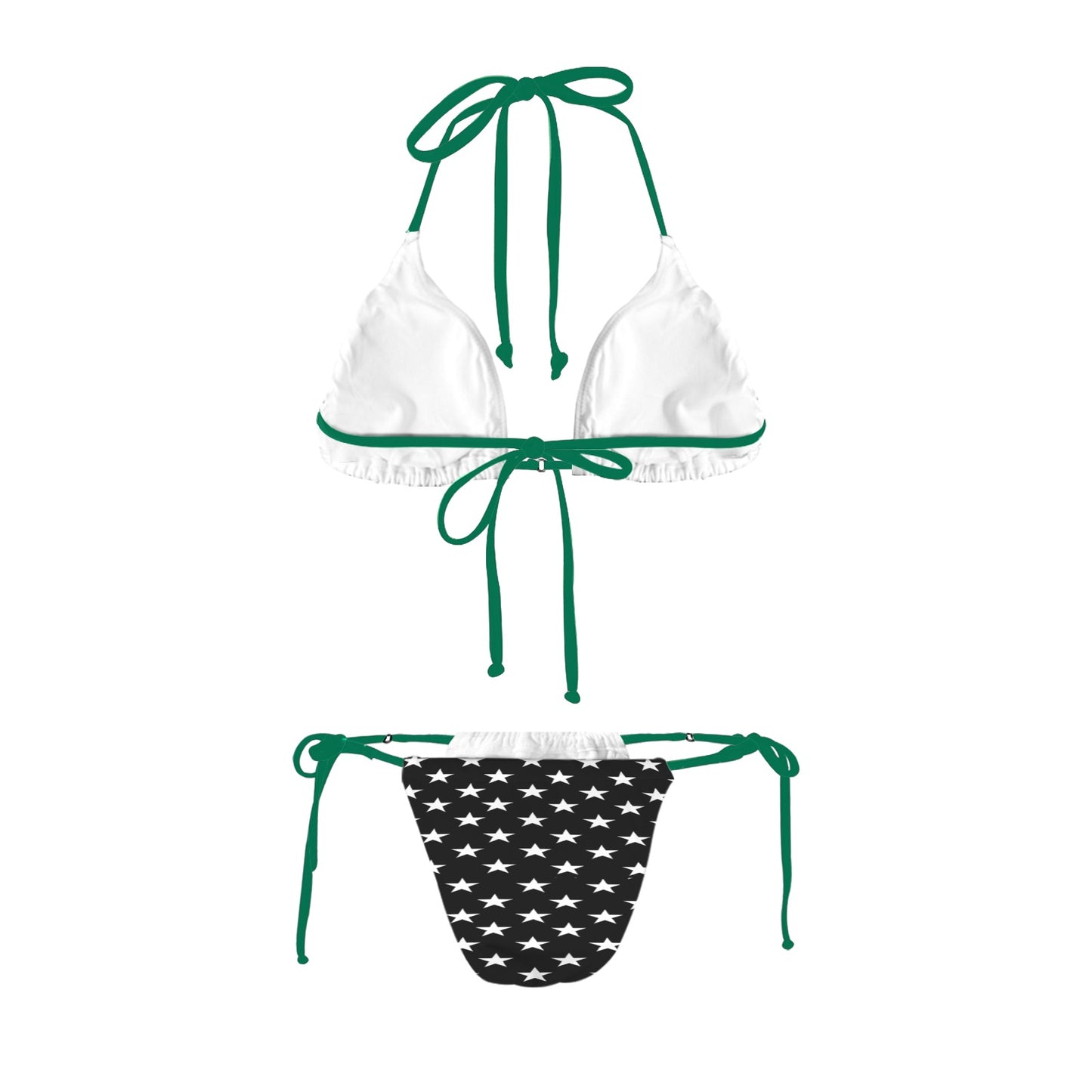 White bikini top, star-patterned bottom, green ties, Luv My Flag.