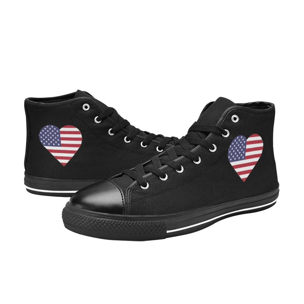 USA/American Flag Inspired Heart Mens High Top Canvas Shoes