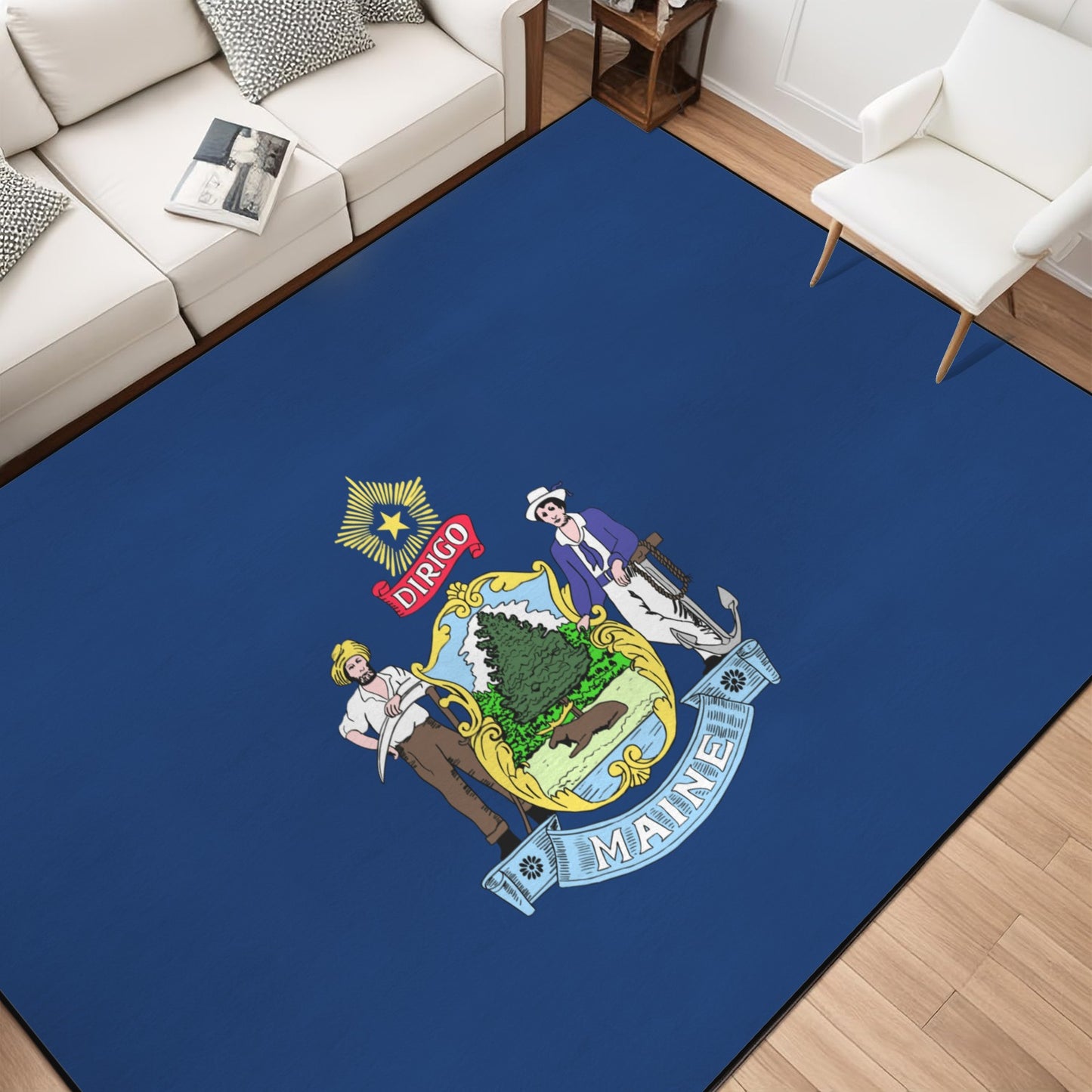 Maine Flag Inspired 84x60 Inch Area Rug with Black Binding (Made in the USA)