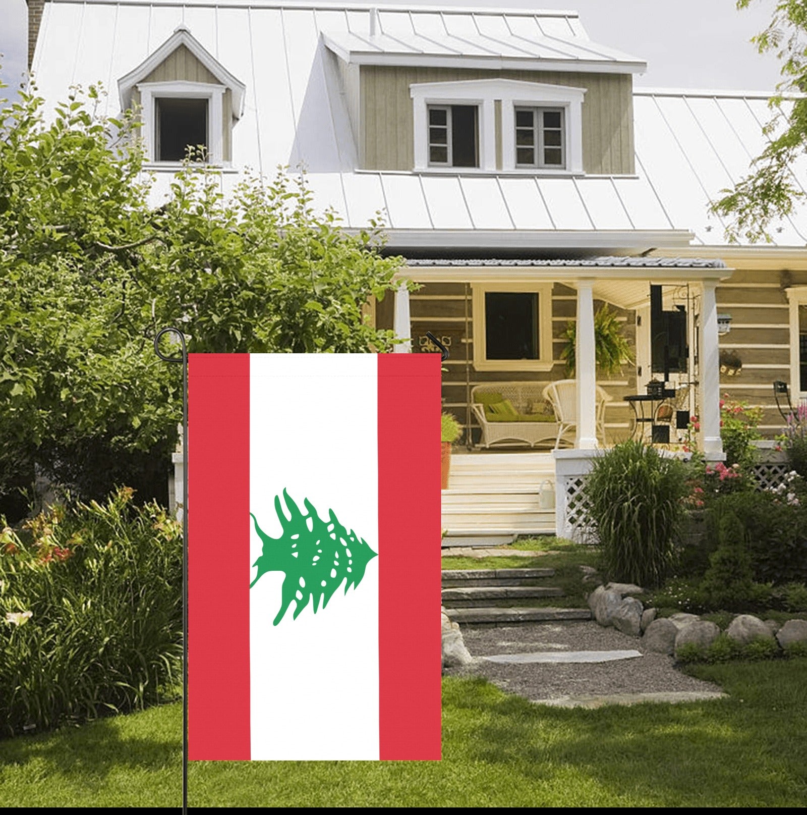 Red and white flag displayed outdoors by Luv My Flag.