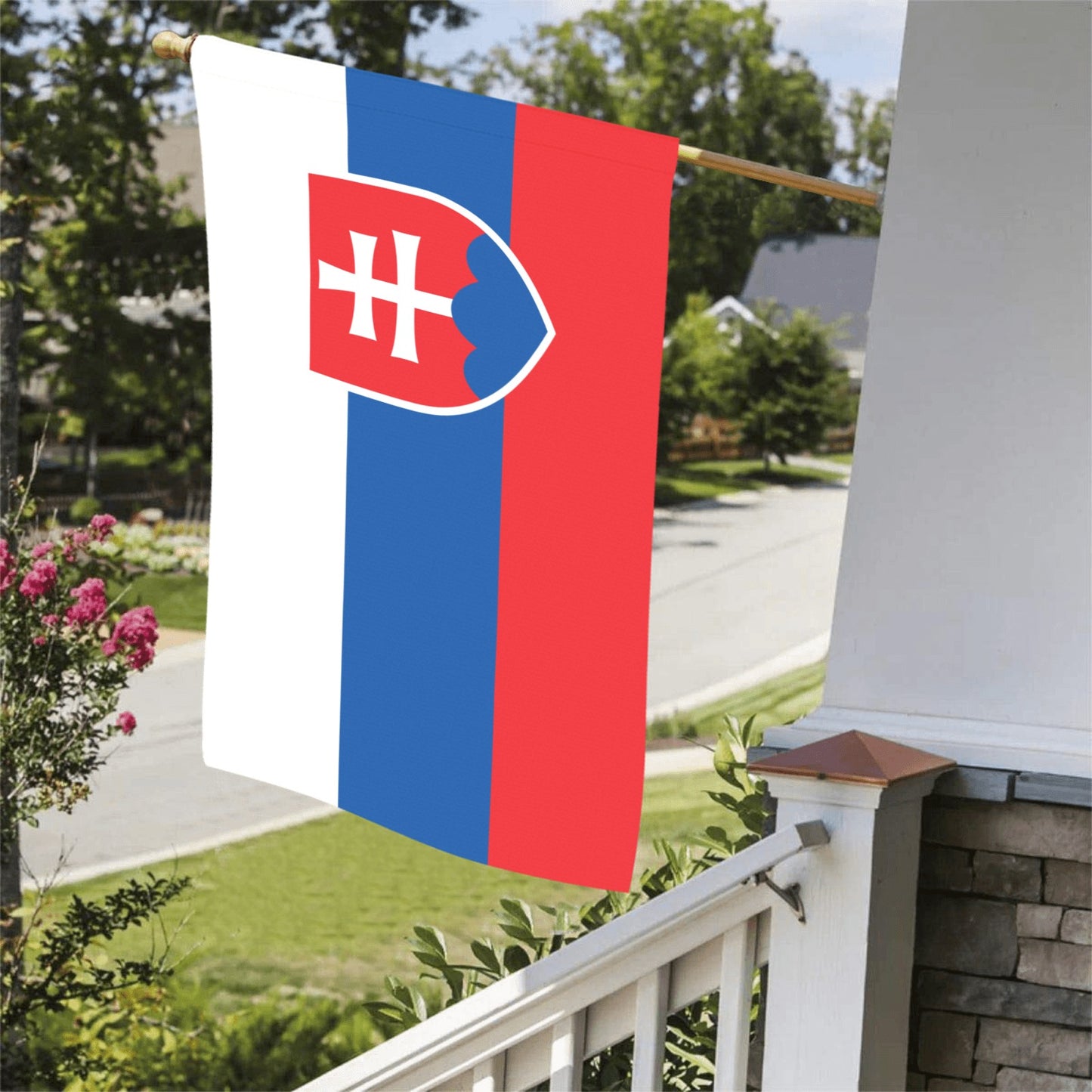 Slovakia flag on porch by Luv My Flag, sunny day.