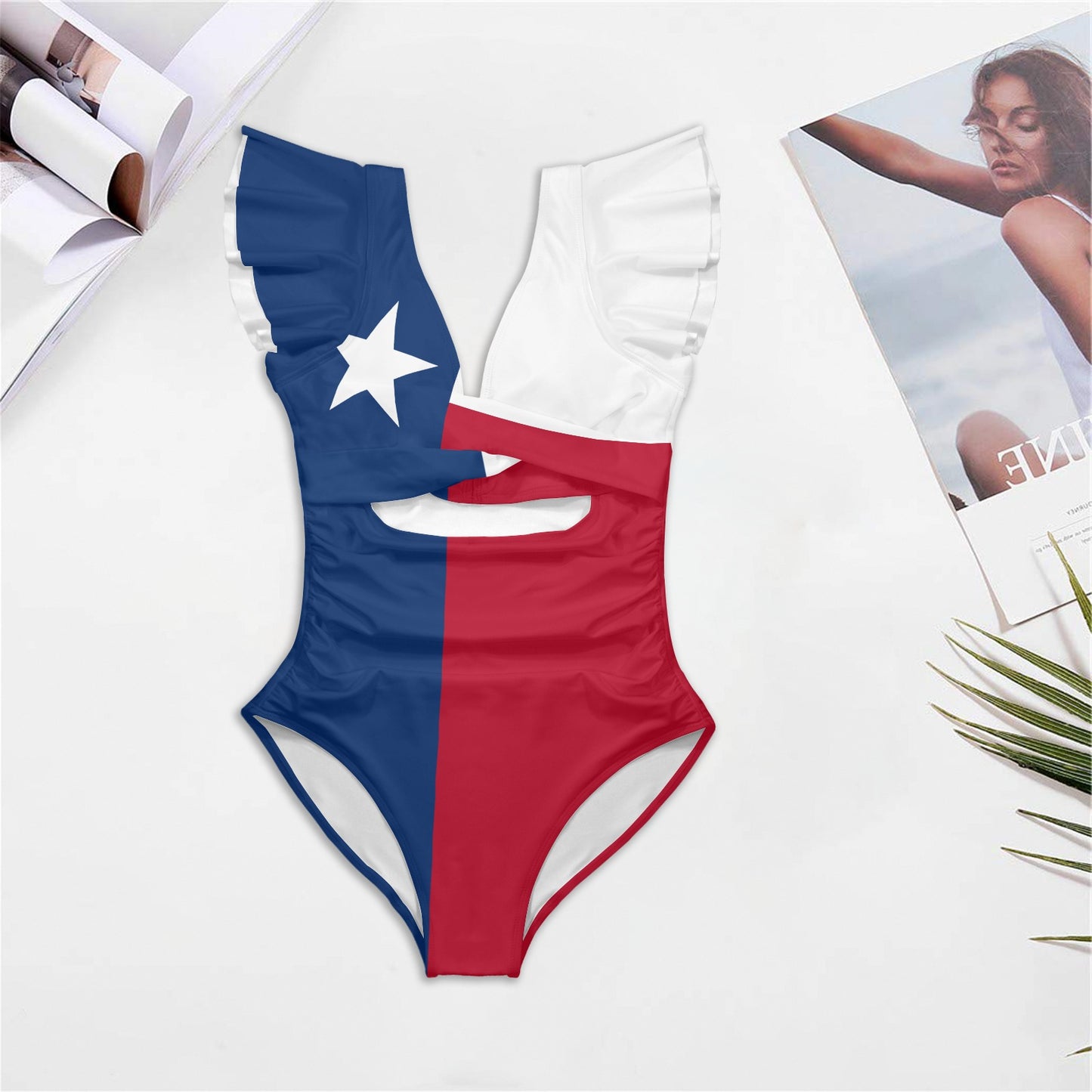 Texas Flag Inspired Women's Twist Front Ruffle Sleeve Swimsuit