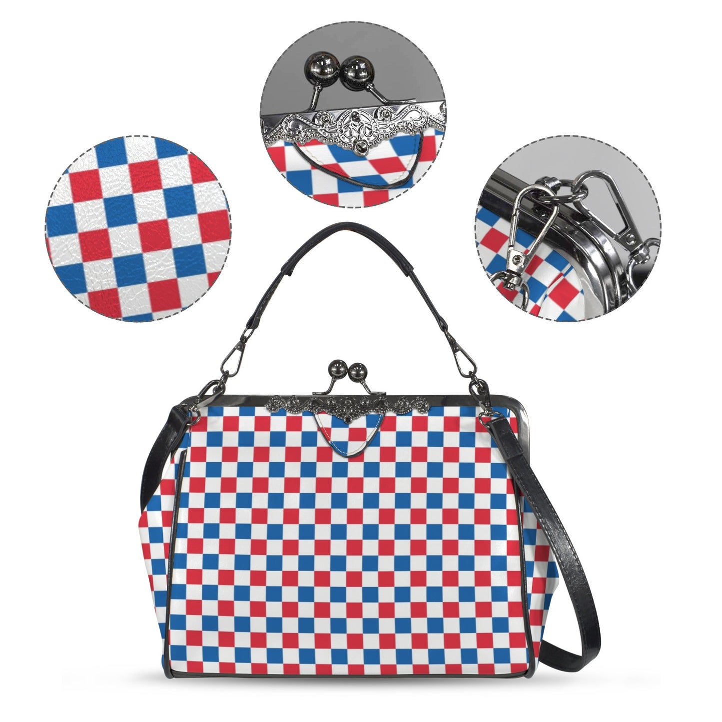 USA/American Flag Inspired Checkered Pattern Kisslock Crossbody Shoulder Bag