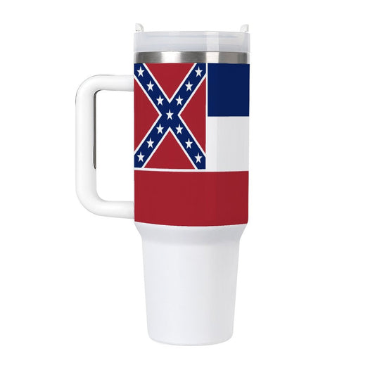 Mississippi flag travel tumbler with handle.