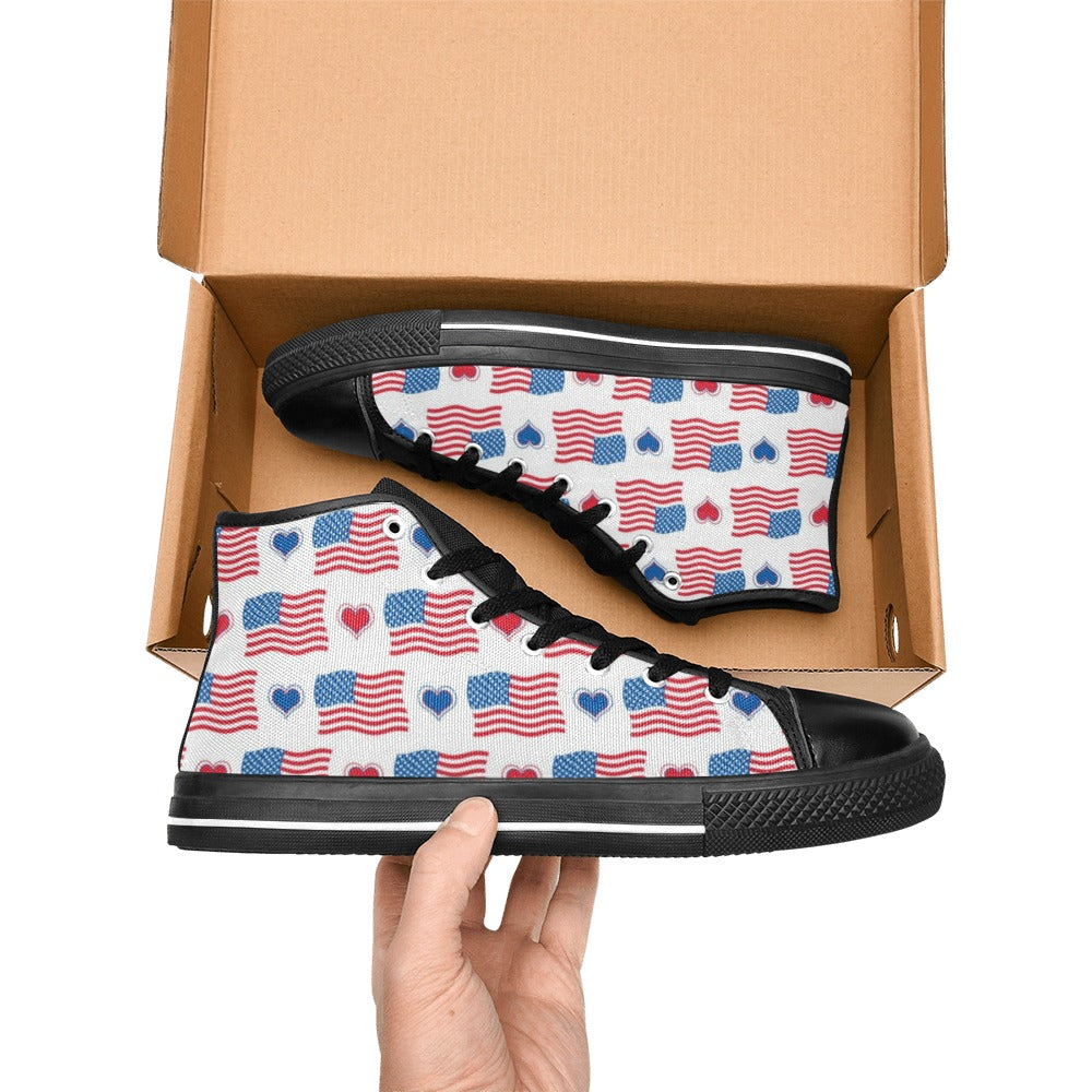 USA/American Flag Inspired Flag and Hearts Pattern Kid's High Top Canvas Shoes
