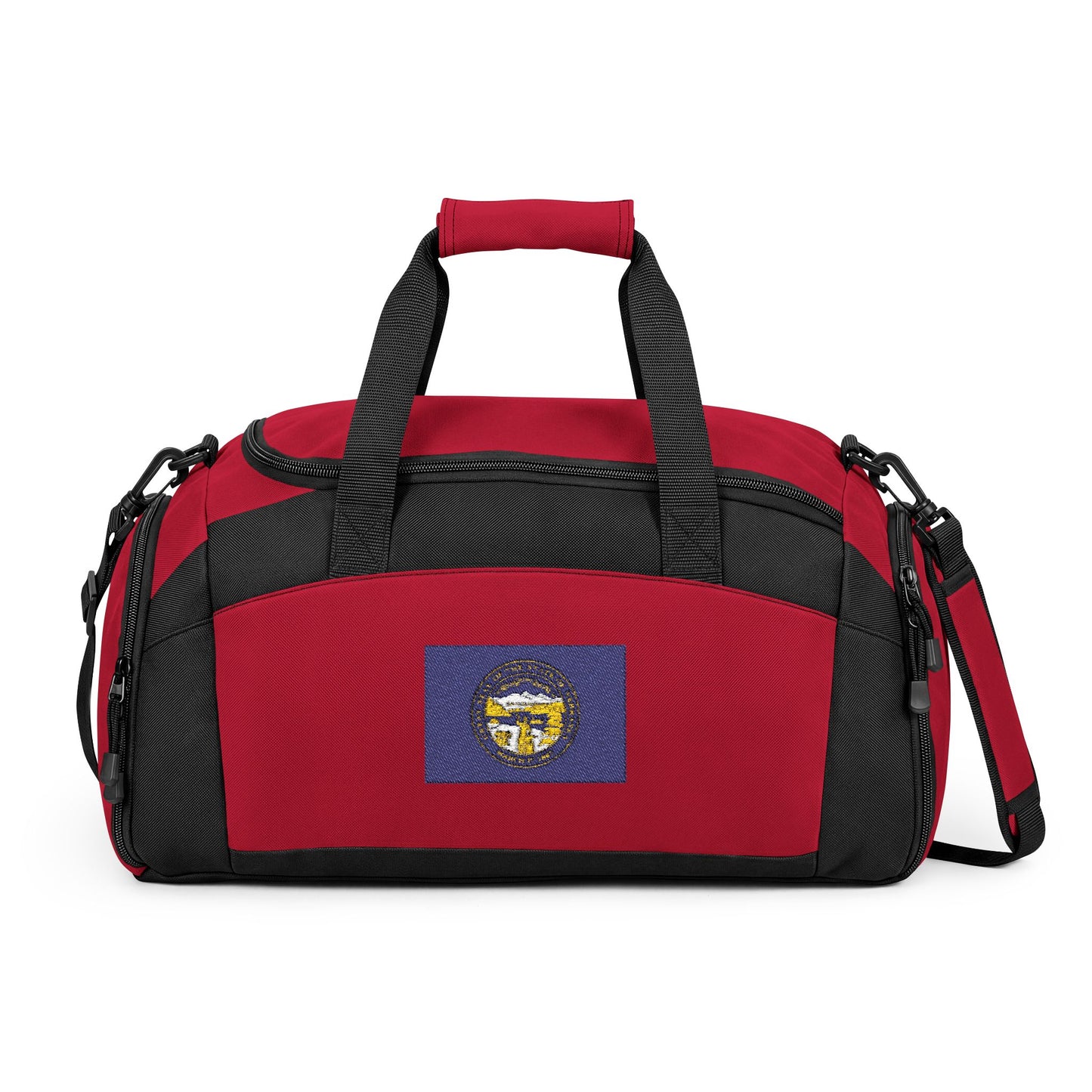 Nebraska Flag Gym Bag — Black Duffle with Embroidered Nebraska Flag