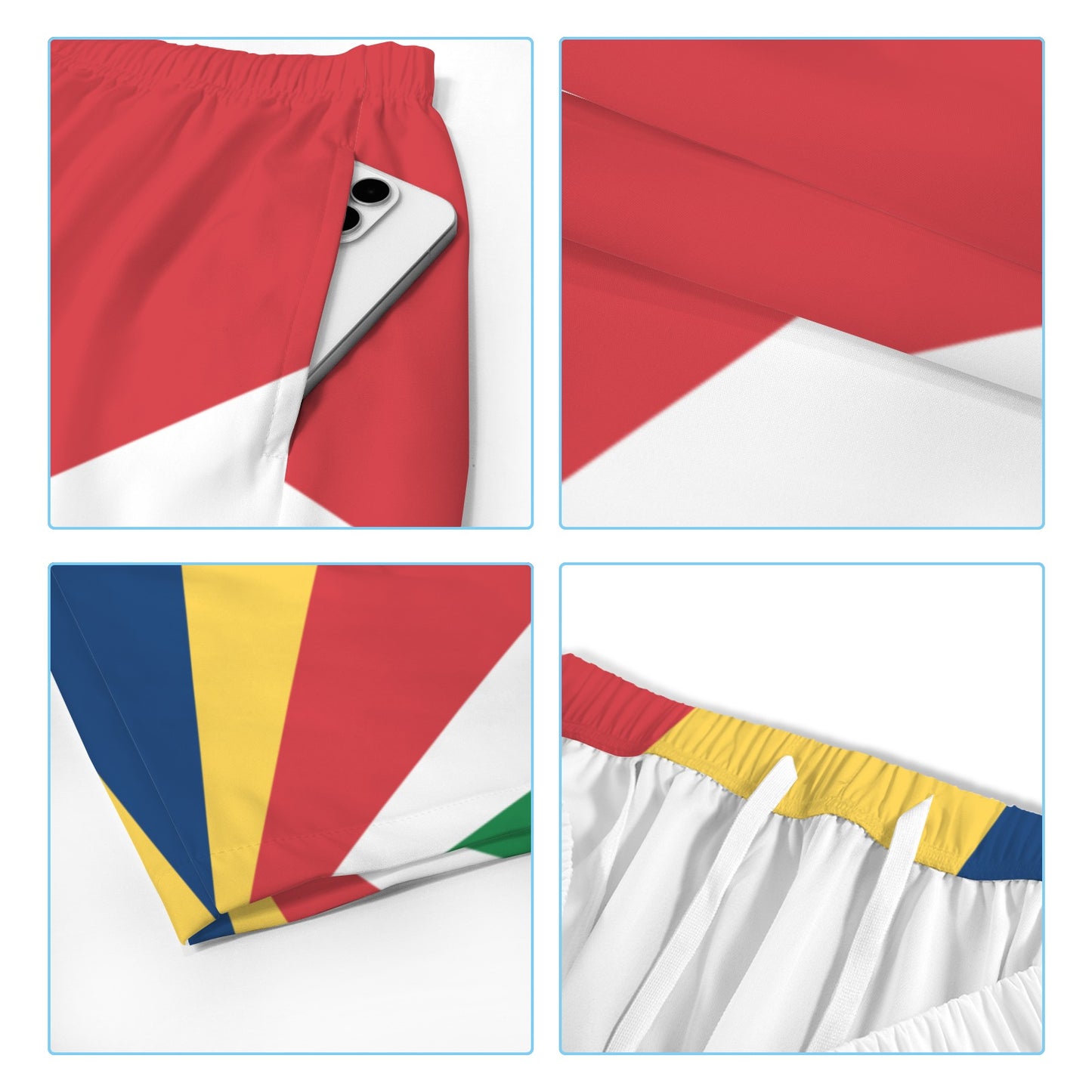 Seychelles Flag Inspired Men’s Draw String Pocket Beach Shorts Printed in the USA
