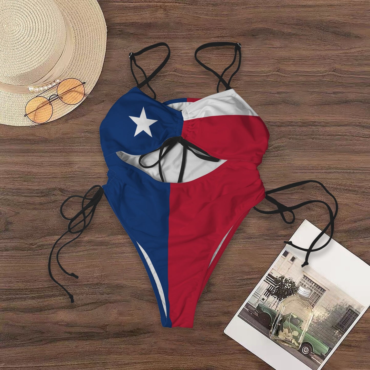 Texas Flag Inspired Women's Drawstring Cutout One Piece Swimsuit