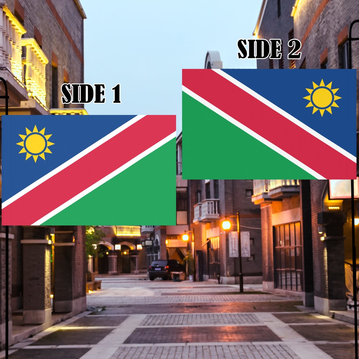 Luv My Flag Namibia flags displayed in urban street setting.