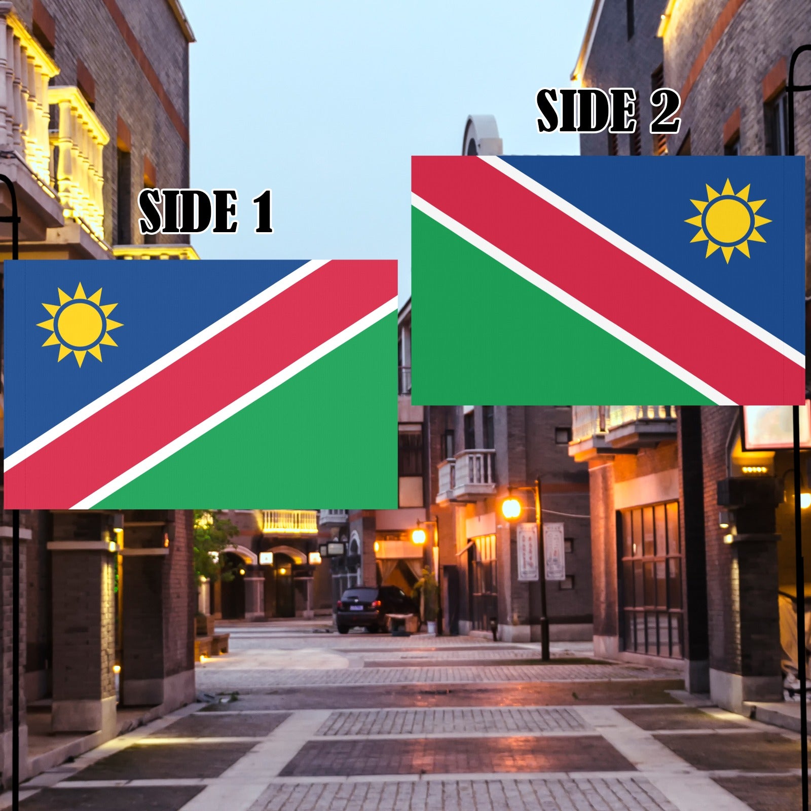 Luv My Flag Namibia flags displayed in urban street setting.