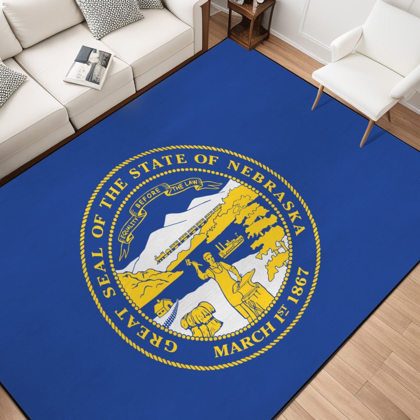 Nebraska Flag Inspired 84x60 Inch Area Rug with Black Binding (Made in the USA)