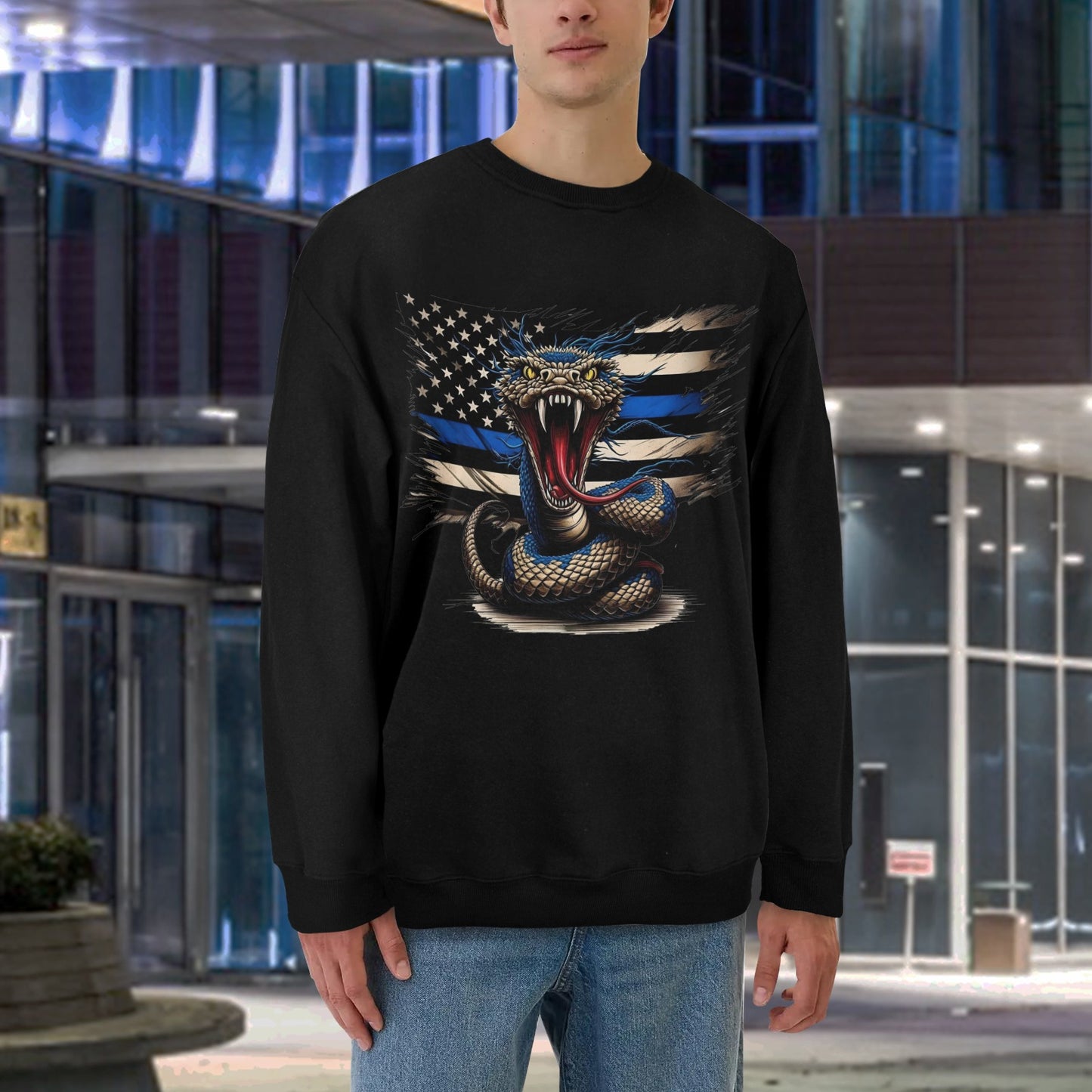 Thin Blue Line Flag (distressed) with Snake Unisex Fleece Sweatshirt (Made in the USA)