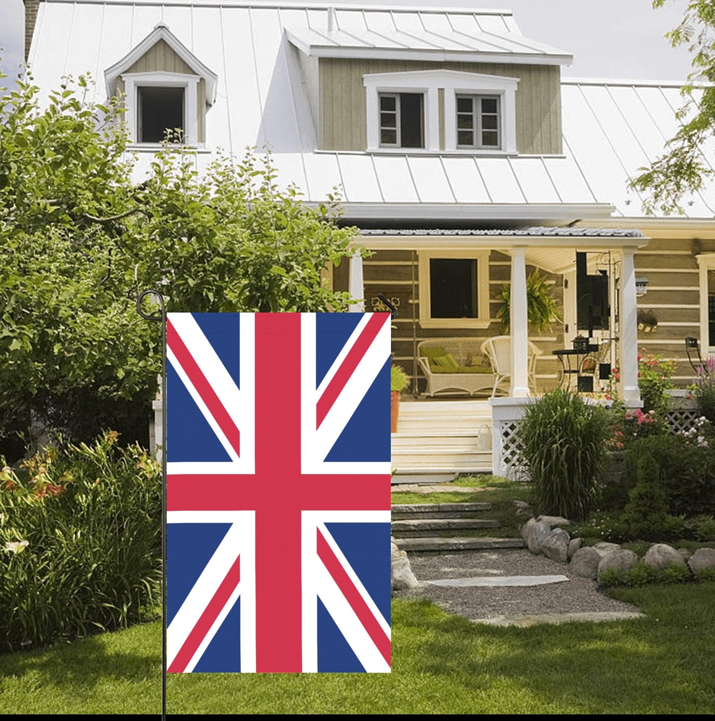 Front yard with Luv My Flag, Union Jack design.