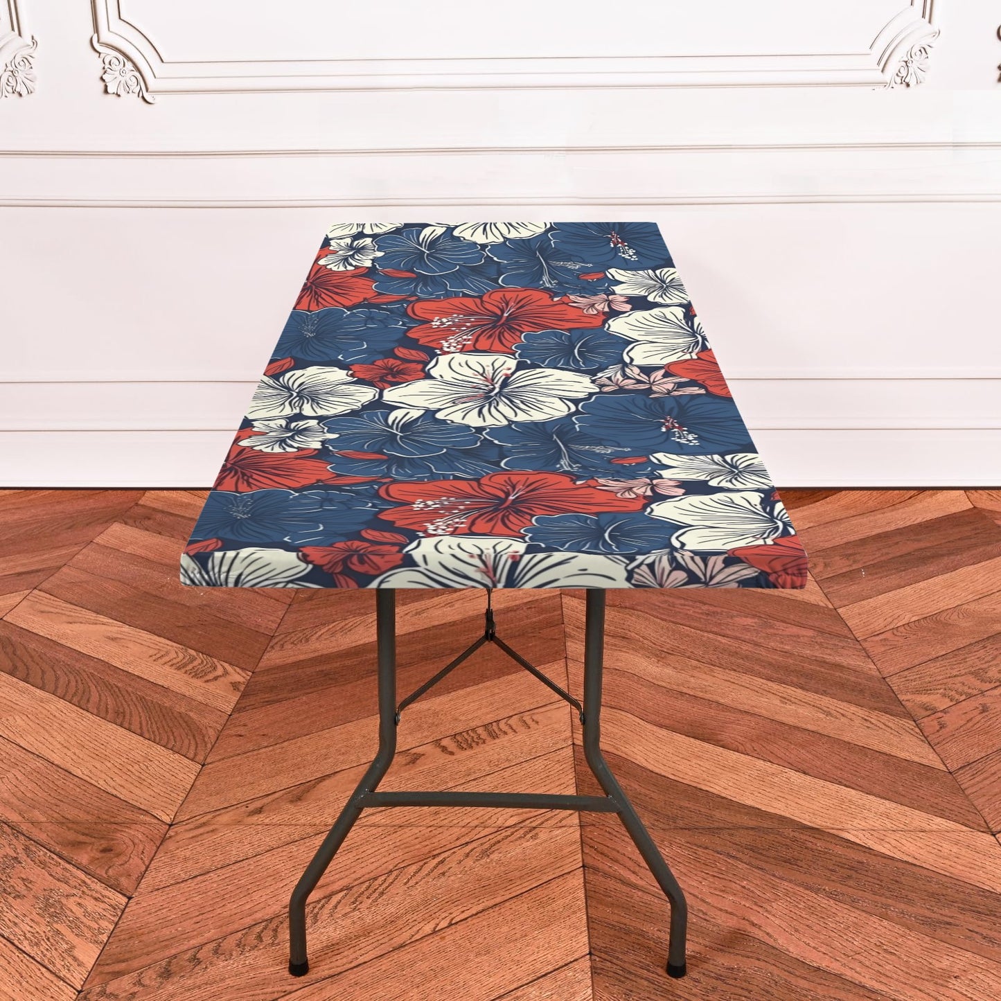 USA/American Flag Inspired Hawaiian Floral Pattern Custom Elastic Fitted Tablecloth 72x30 inch (Made in the USA)