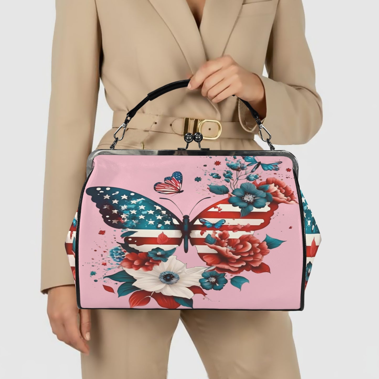 USA/American Flag Inspired Butterfly Kisslock Crossbody Shoulder Bag-Large