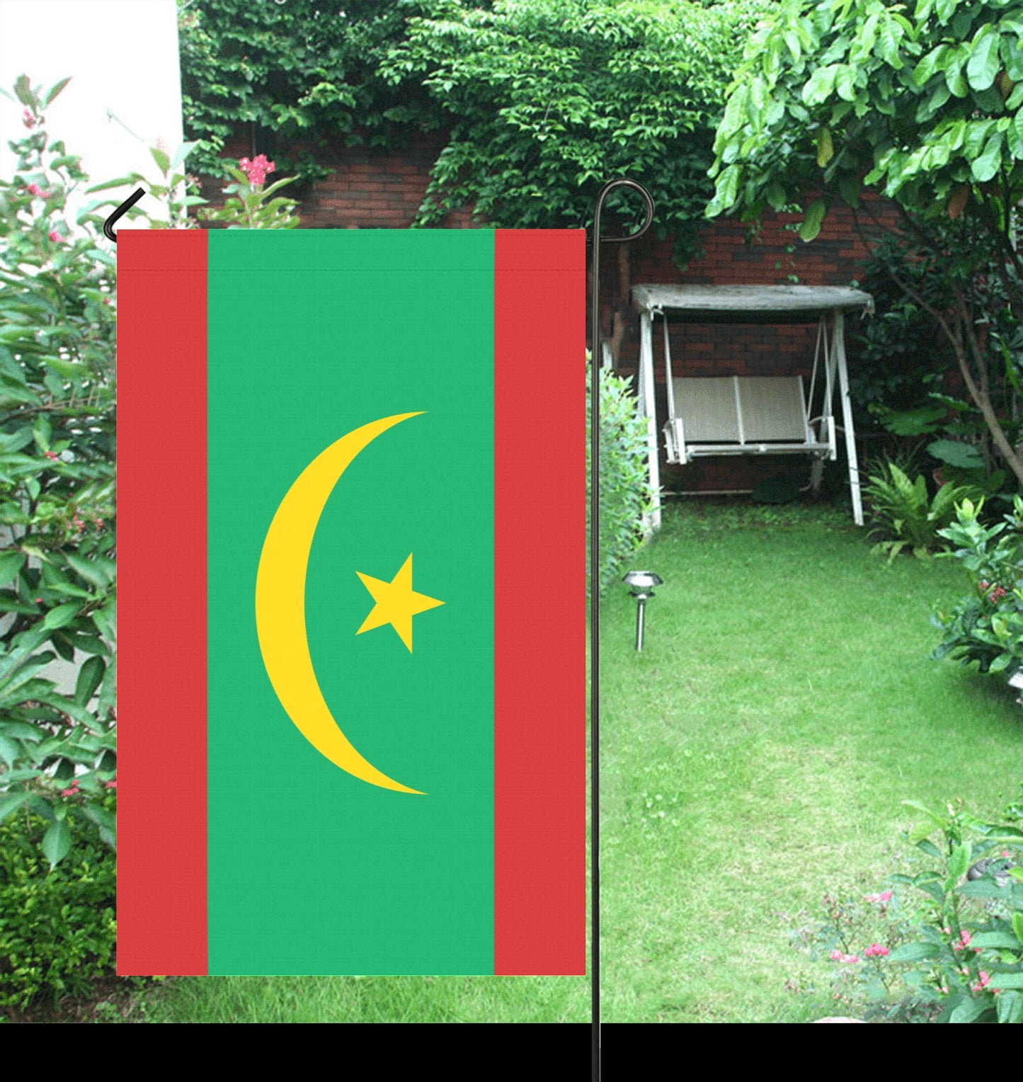 Outdoor garden scene featuring Mauritania flag by Luv My Flag.