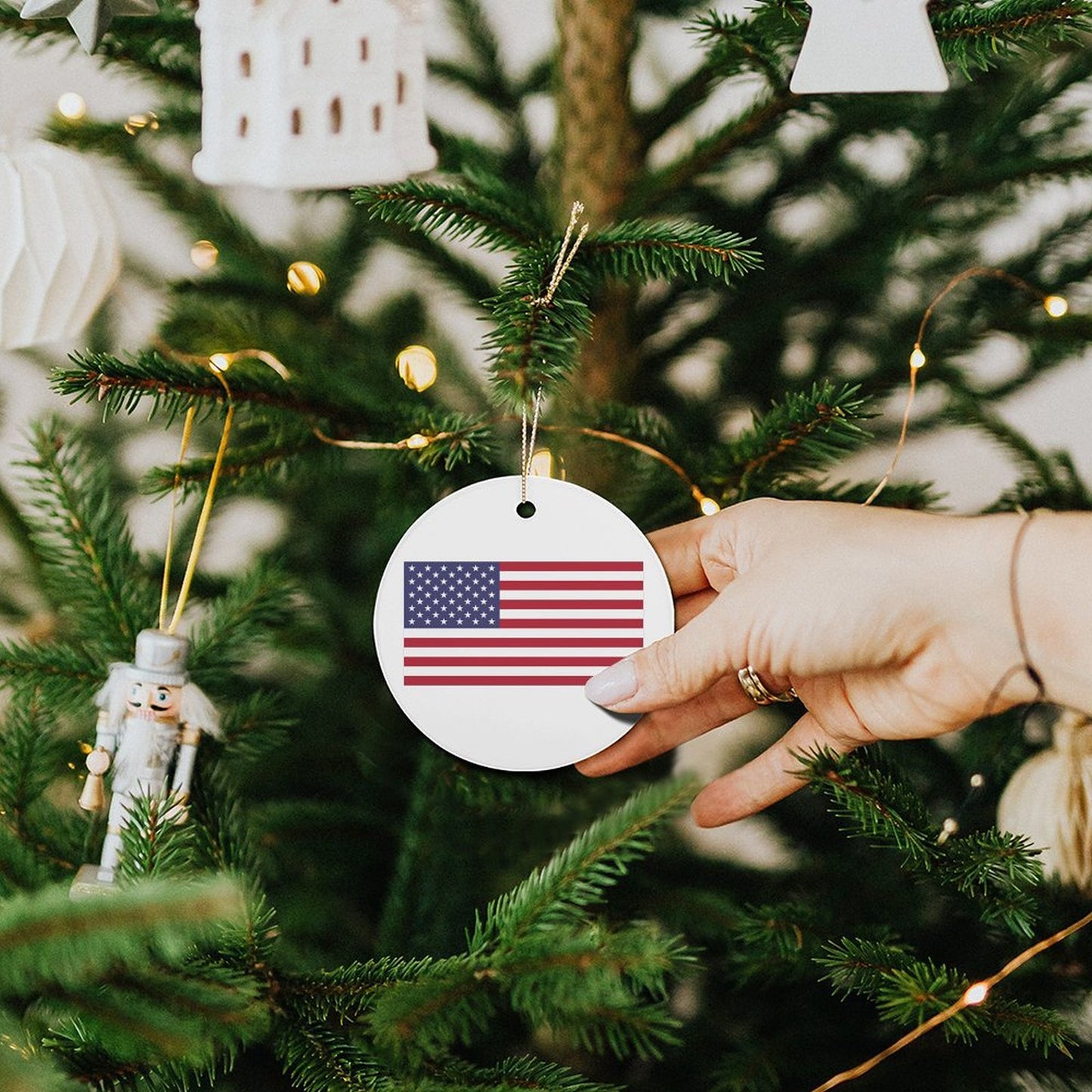 USA/America Flag Inspired Circle Ceramic Ornament Made in USA Circle Ceramic Ornament (Made in USA)