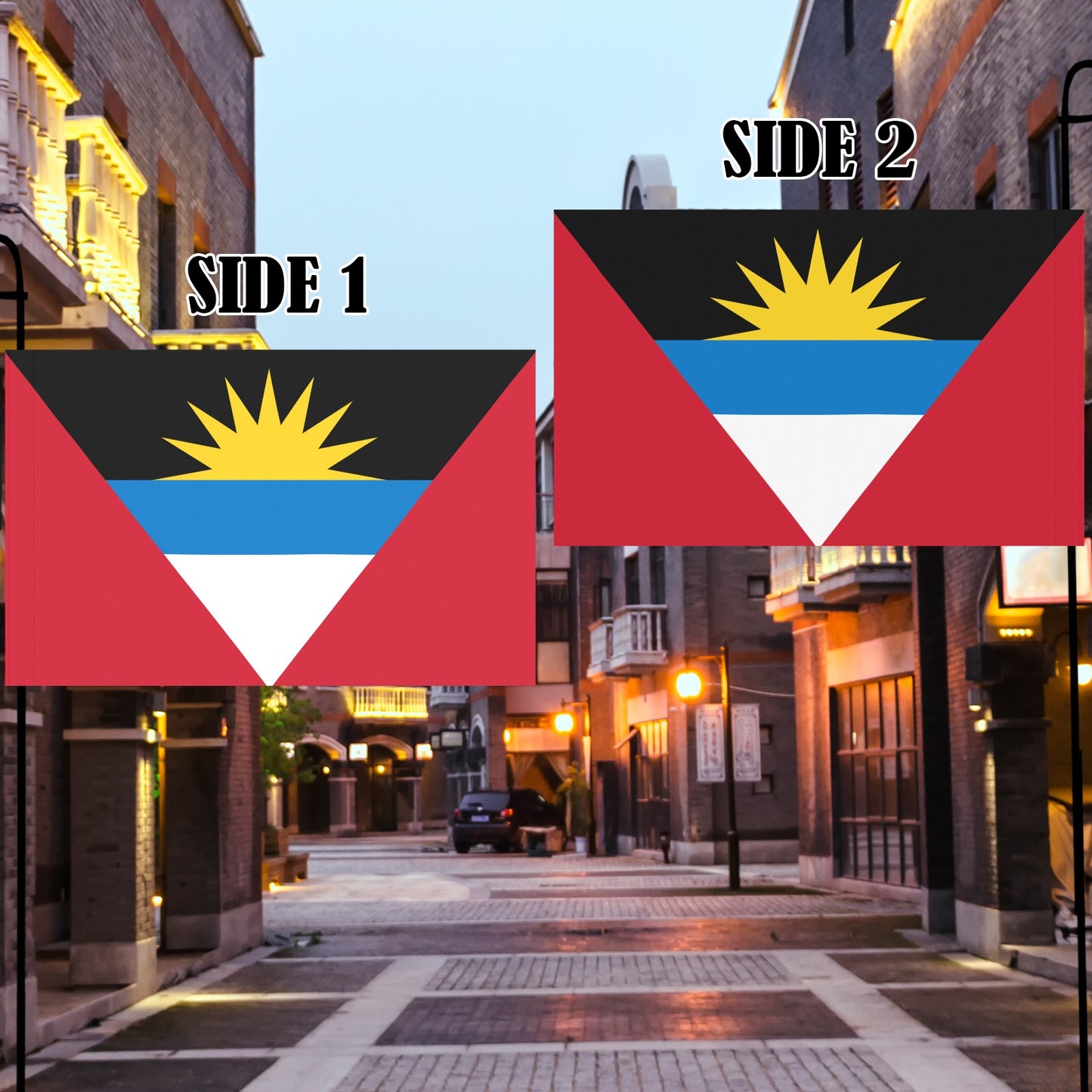 Luv My Flag: Antigua and Barbuda flags in alleyway.