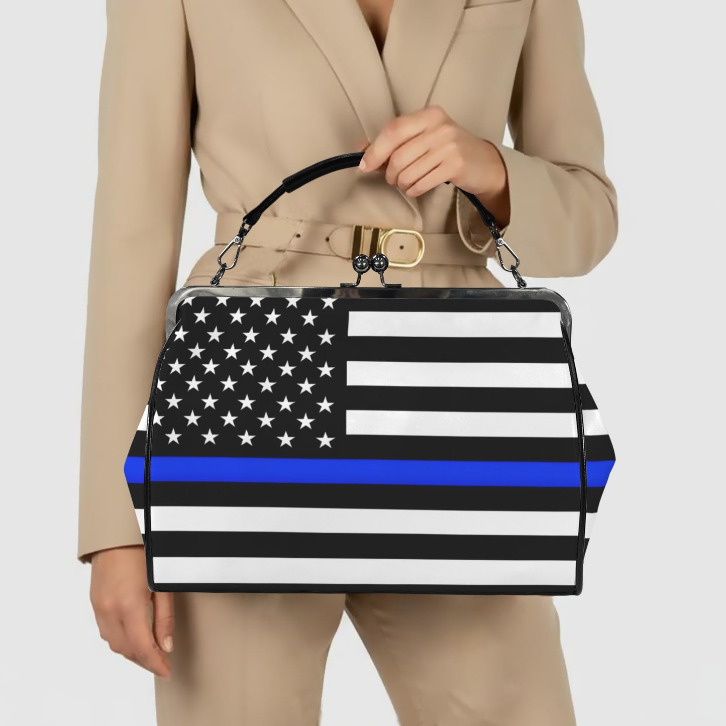 Thin Blue Line Flag Inspired Kisslock Crossbody Shoulder Bag-Large