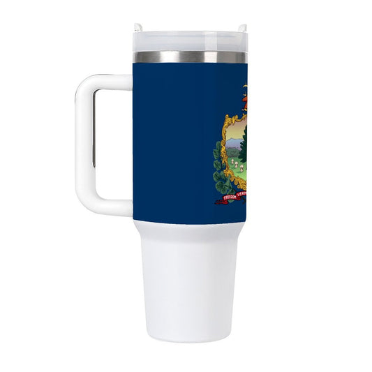 Vermont Flag Travel Tumbler, handle, blue.