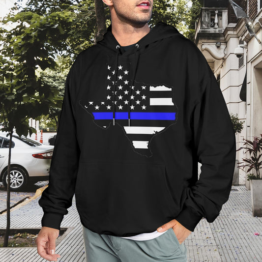 Thin Blue Line Flag Inspired Texas Shape Men's Hoodie (Made in the USA)