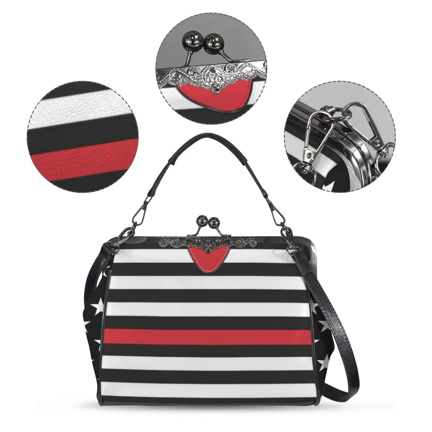 Thin Red Line Flag Inspired Kisslock Crossbody Shoulder Bag