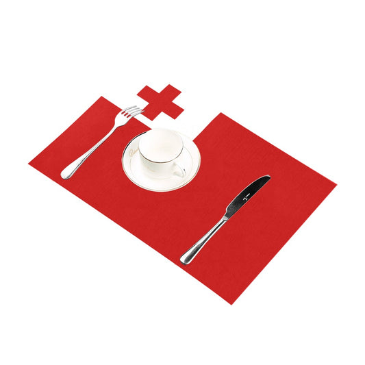Red placemat with cross, fork, knife, cup; Luv My Flag.