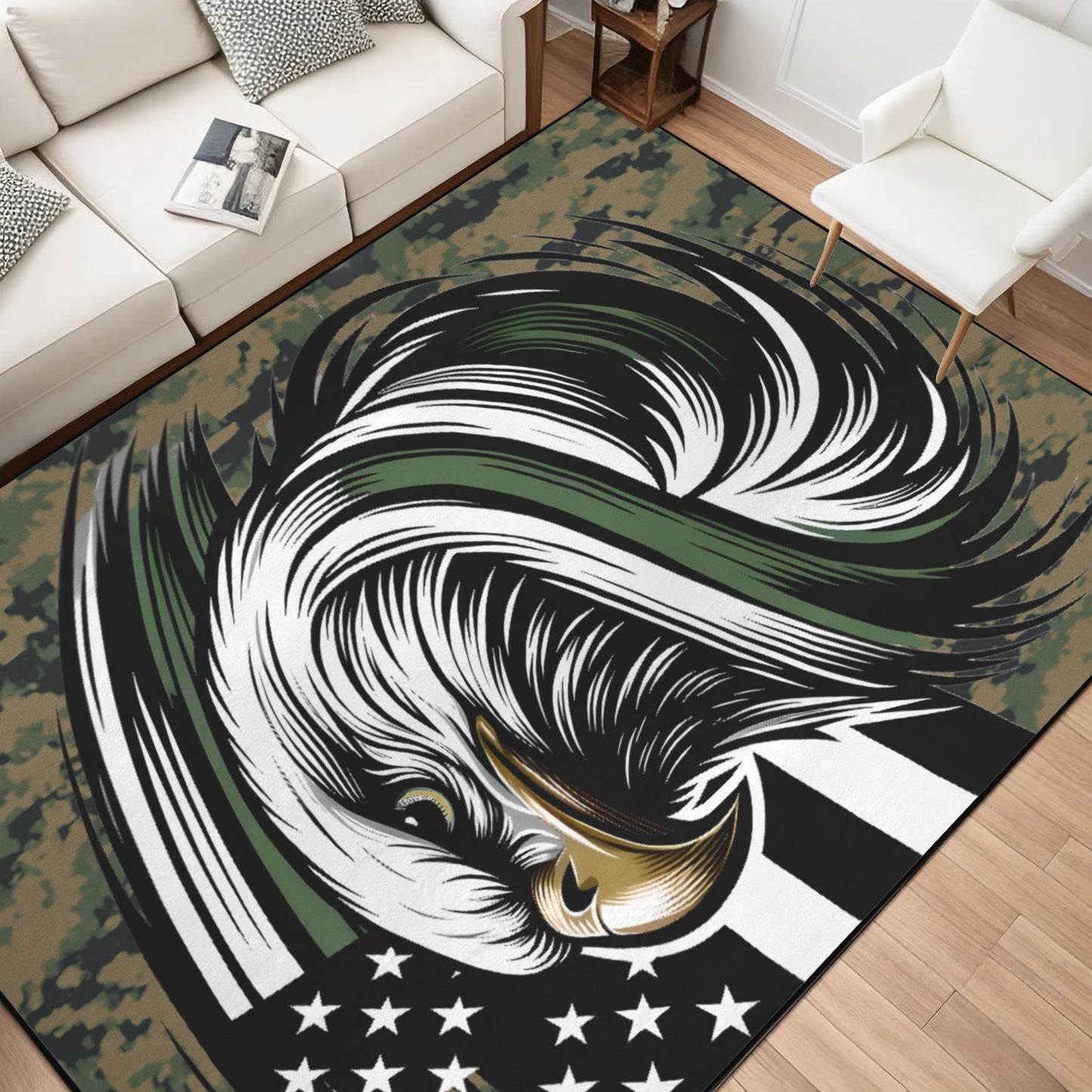 Thin Green Line Flag Inspired Eagle on Digital Camo 84x60 Inch Area Rug with Black Binding (Made in the USA)
