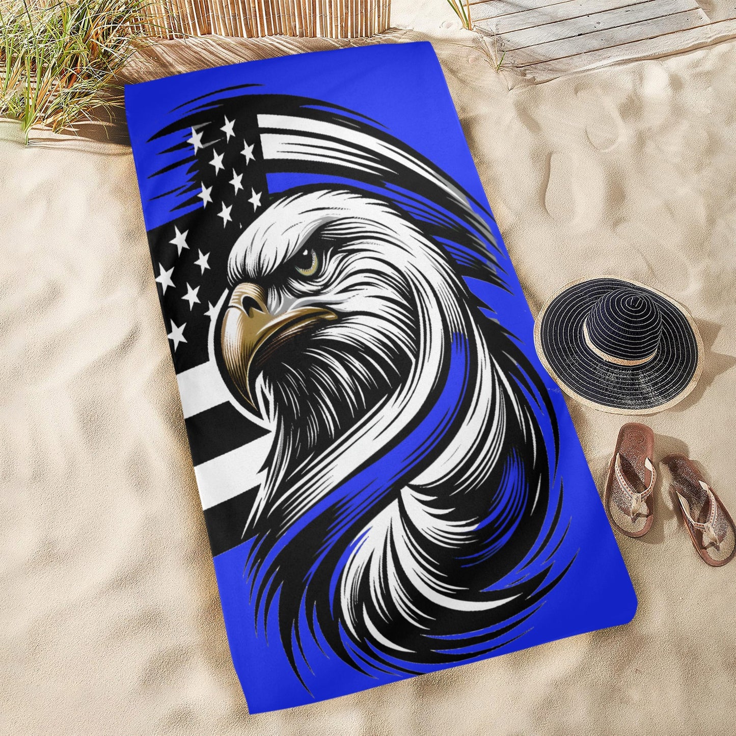 Thin Blue Line Flag Inspired Eagle Beach Towel 31"x71" (Made in USA)