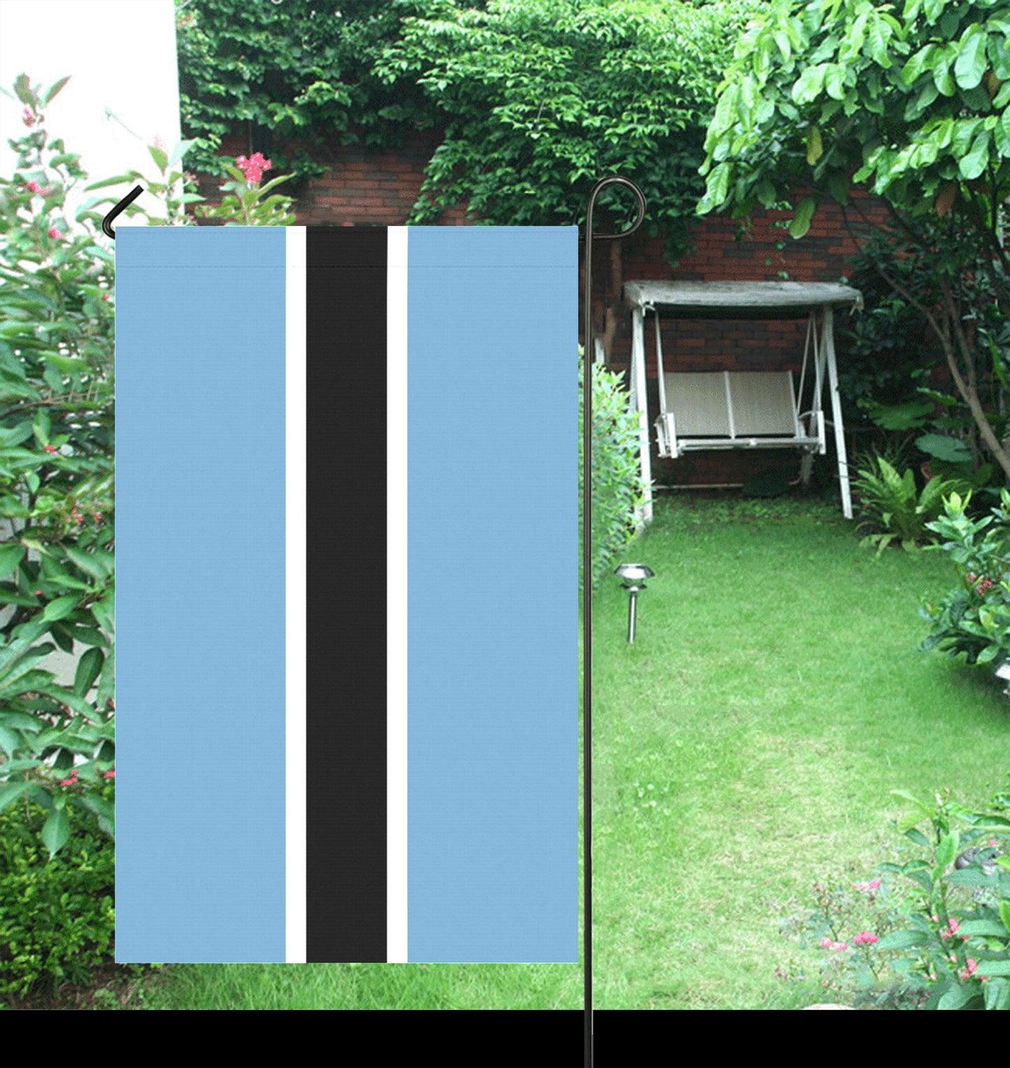 Luv My Flag garden flag with blue and black stripes.