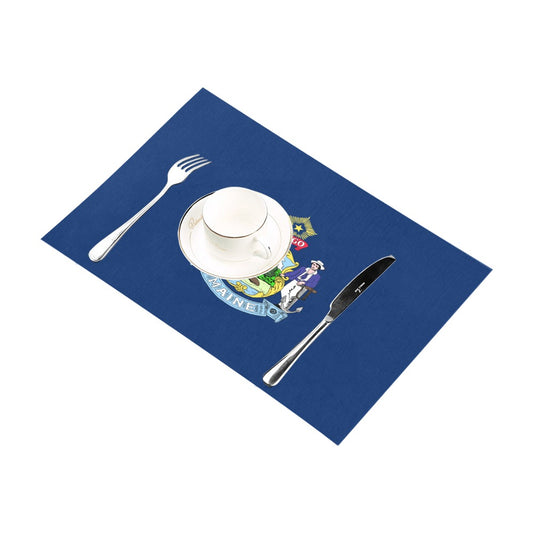 Blue placemat with Maine flag design, cup, cutlery. Luv My Flag.