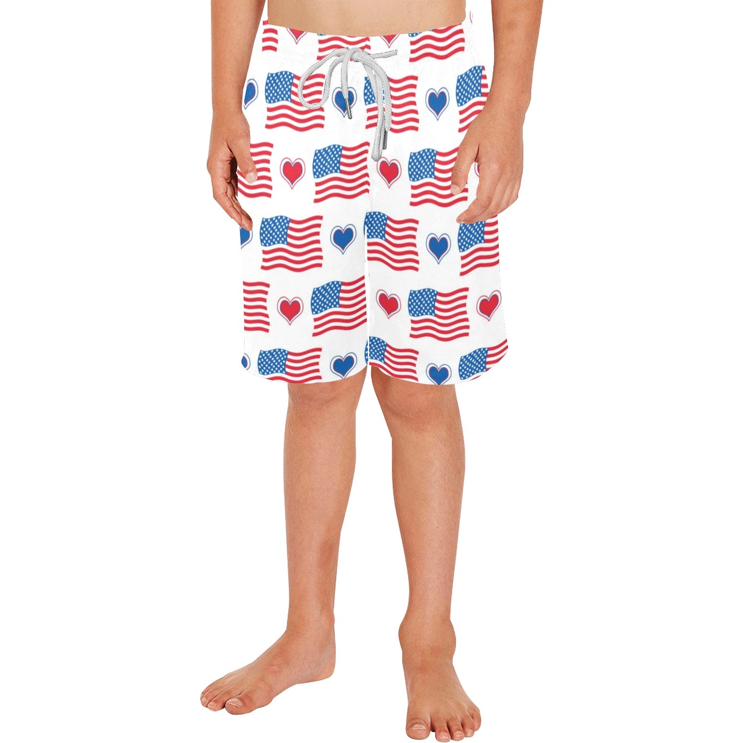 USA/American Flag Hearts Pattern Boys Beach Shorts