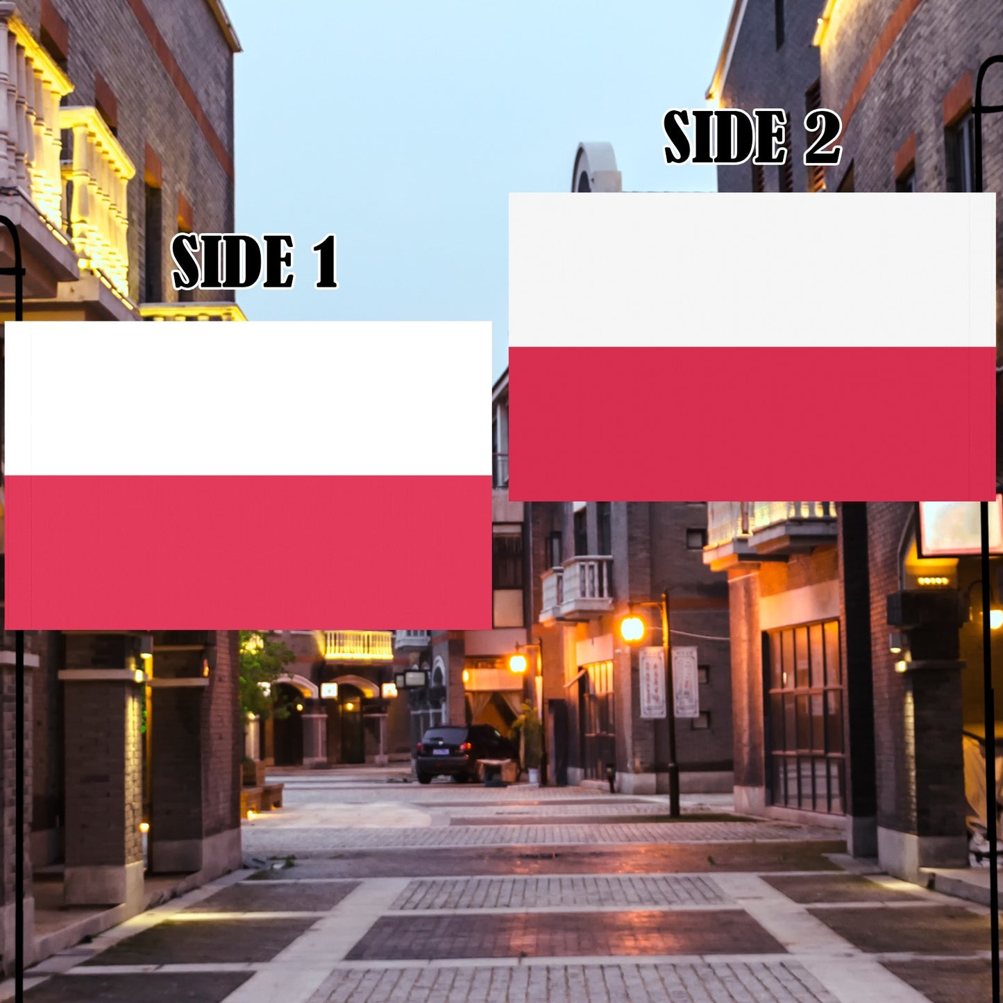 Two flags on poles in a quaint street, Luv My Flag.
