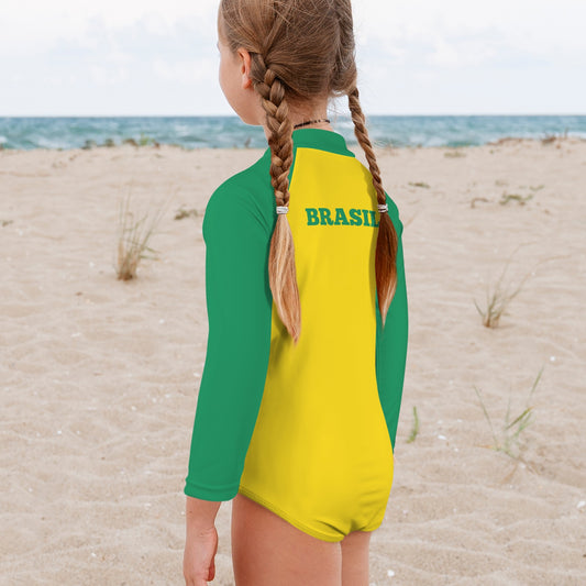 Brazil Flag Little Girls' Long Sleeve One-Piece Swimsuit