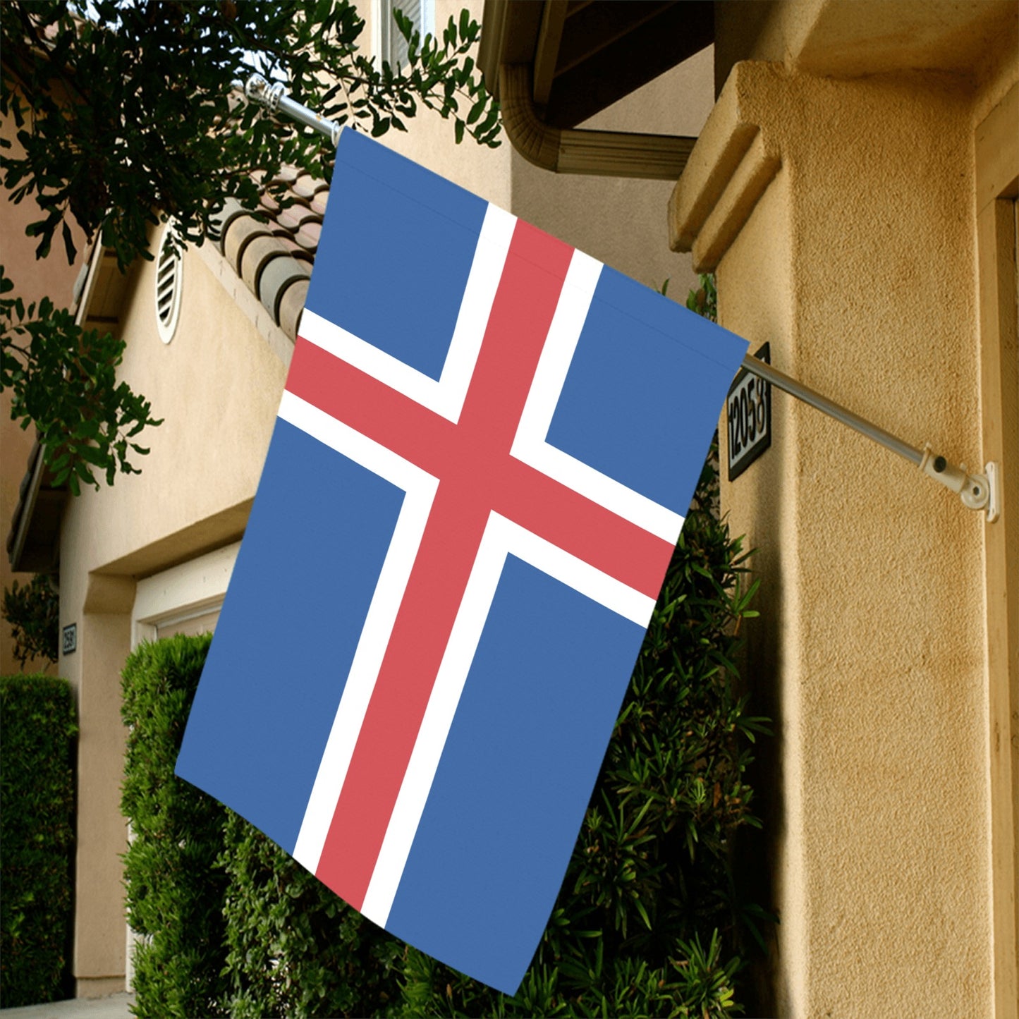 House displaying Icelandic flag from Luv My Flag brand.