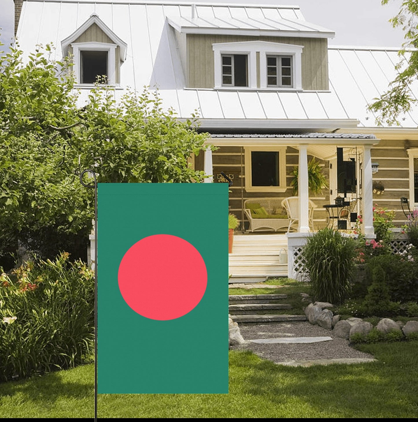 Front yard displaying Luv My Flag Bangladesh garden flag.
