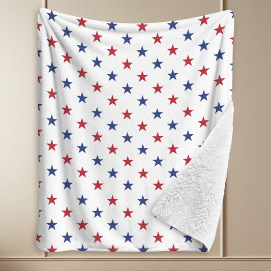 USA/American Flag Inspired Red and Blue Stars on White Sherpa Fleece Blanket 90" x 108" | Prtinted in the USA