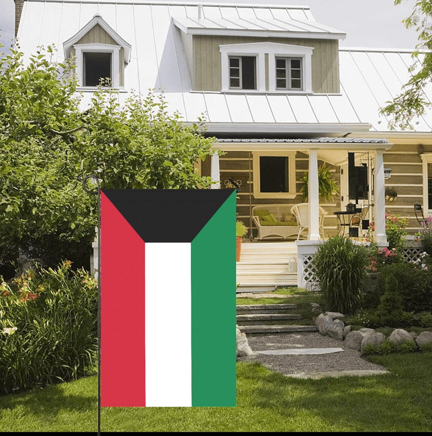 Front yard with Luv My Flag house flag displayed.