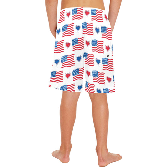 USA/American Flag Hearts Pattern Boys Beach Shorts