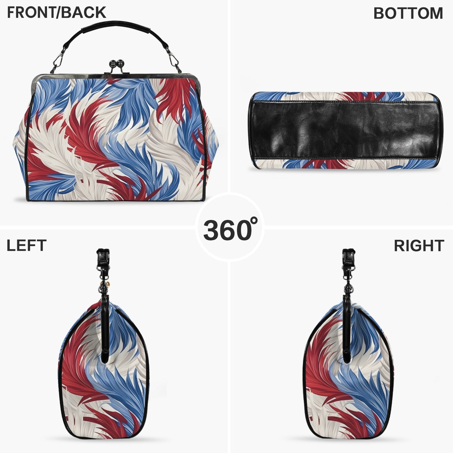 USA/American Flag Inspired Feather Pattern Kisslock Crossbody Shoulder Bag-Large