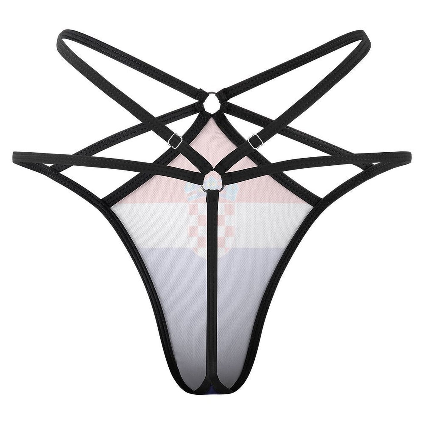 Brand swimsuit featuring intricate black straps and Croatian flag.