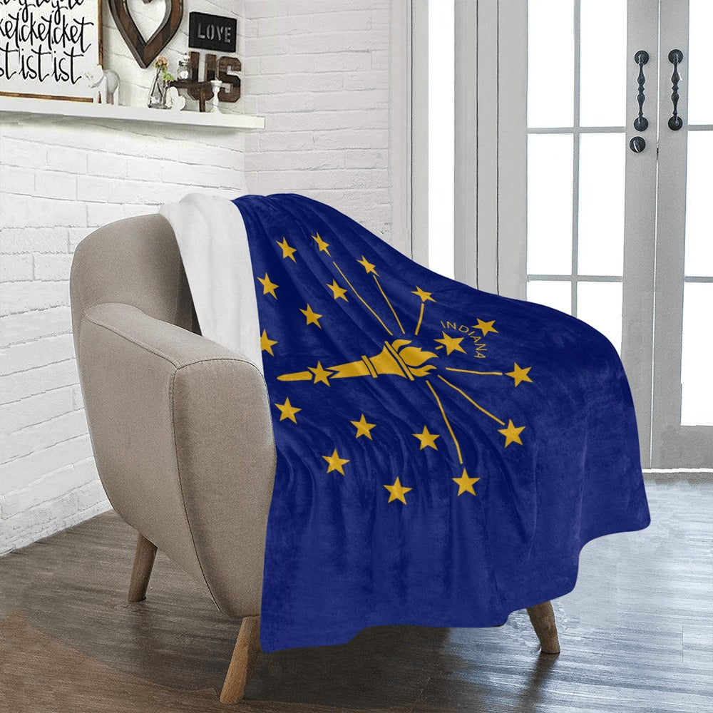 Cozy chair draped with Luv My Flag Indiana blanket.