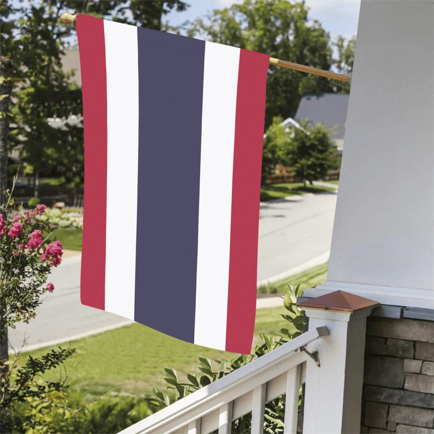 Luv My Flag brand flag with vertical stripes displayed outdoors.