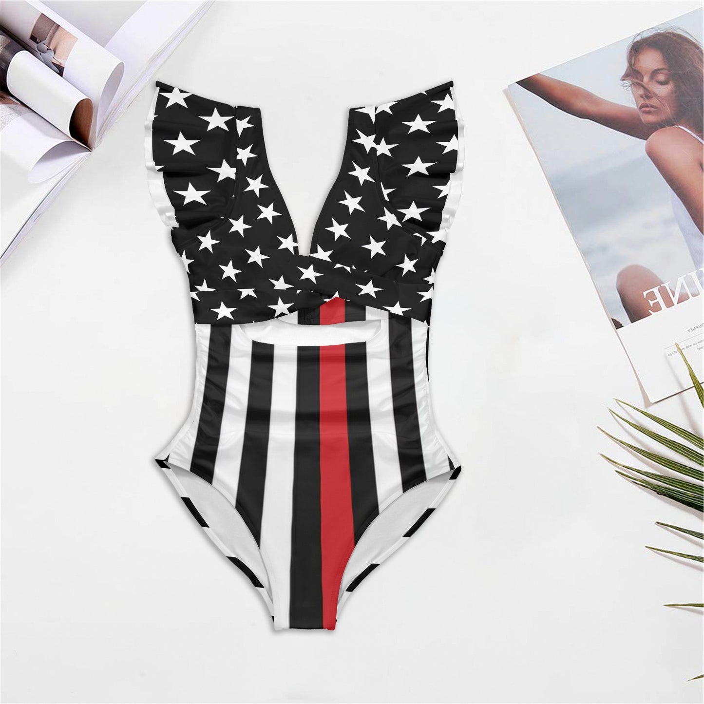 Thin Red Line Flag Inspired Women's Twist Front Ruffle Sleeve Swimsuit