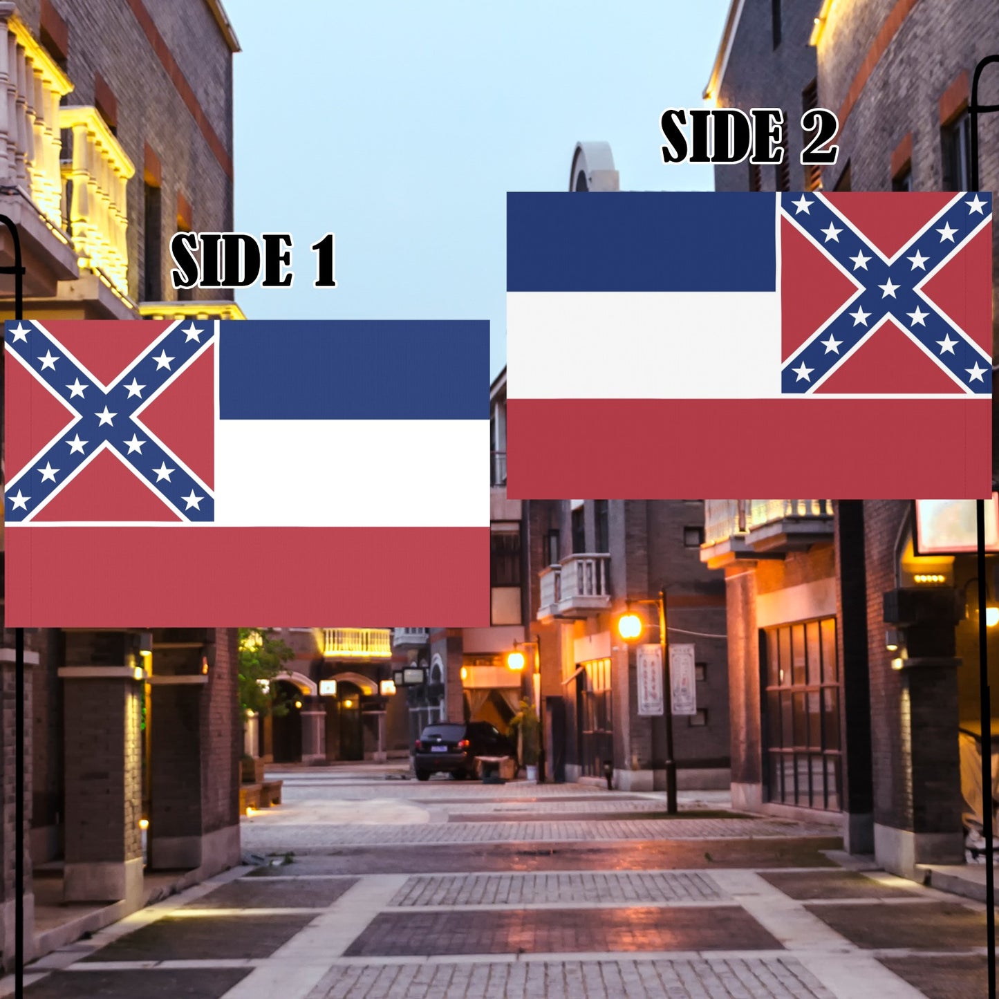 Two-sided Luv My Flag banners in urban alley.