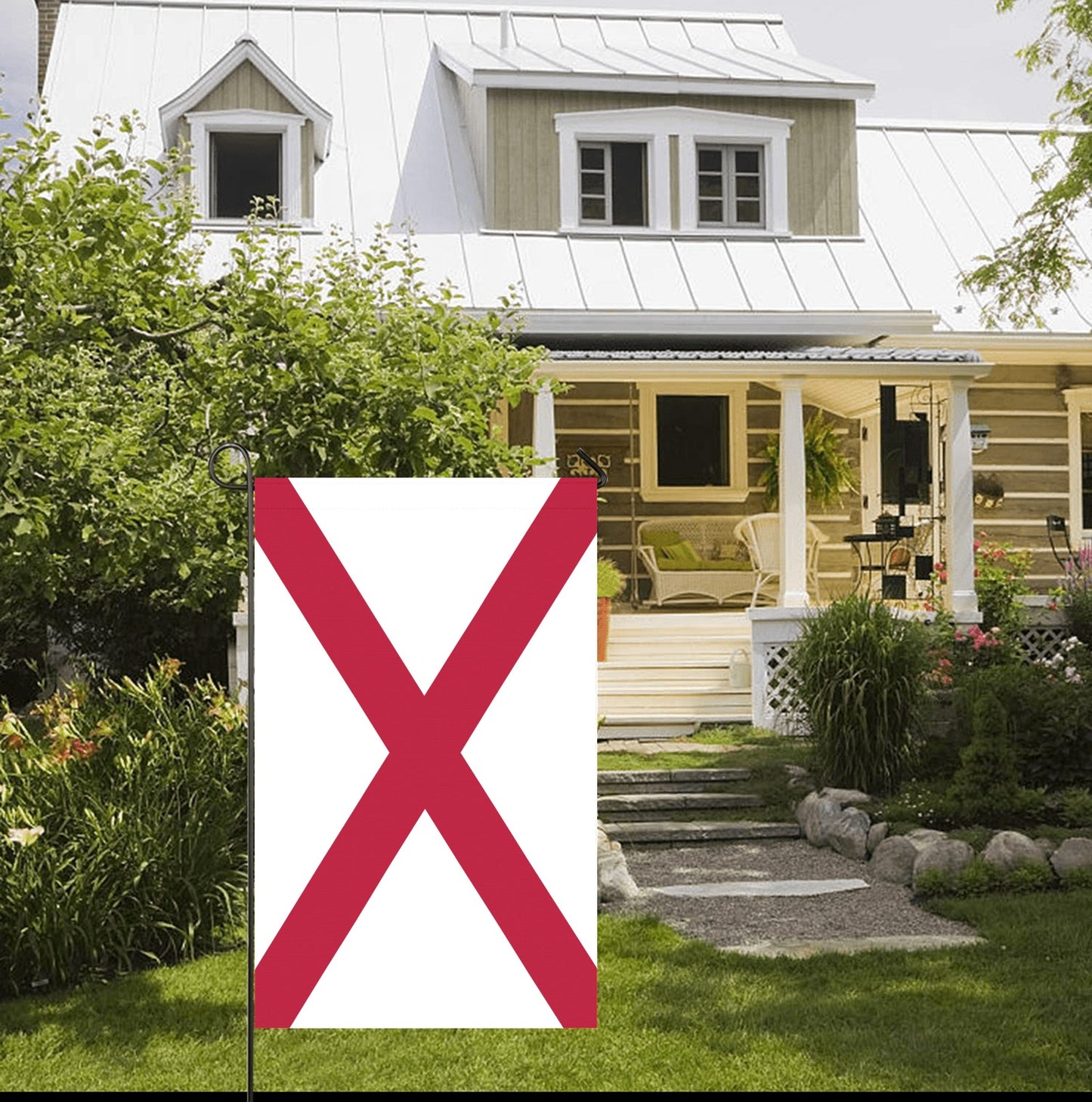 House with porch, garden, and Luv My Flag displayed.