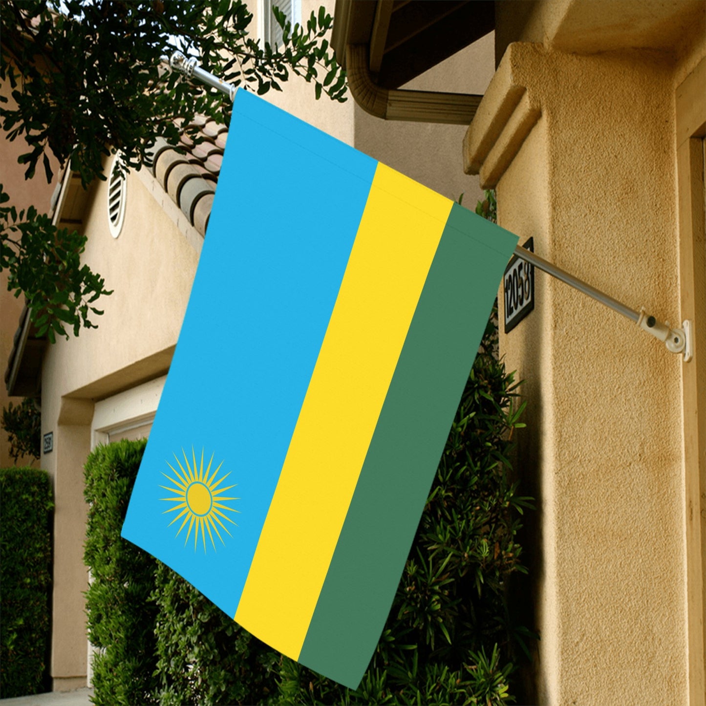 Flag mounted on house wall, brand: Luv My Flag.